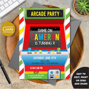 Editable Arcade Birthday Invitation Boy, Retro Gaming Invitation, Video game Invitation, Canva Template, INSTANT DOWNLOAD