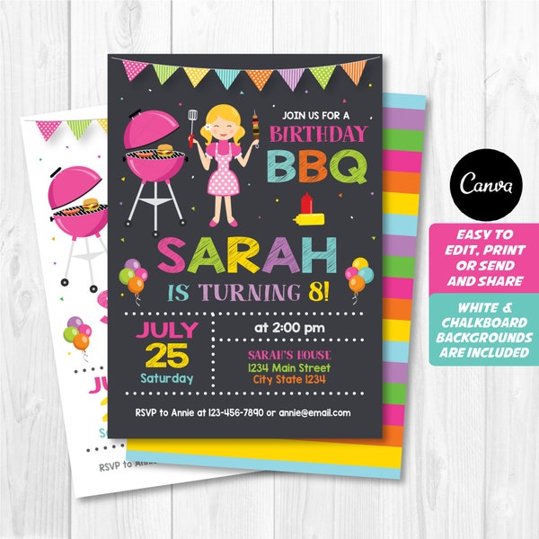 EDITABLE, BBQ Birthday Invitation, Barbecue invitation, Girls BBQ Party, Barbecue party, Canva template, Instant download