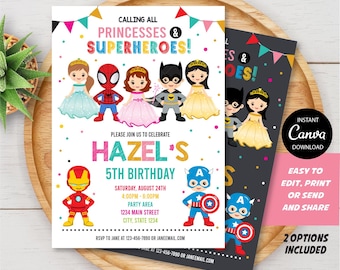 May include: A birthday party invitation featuring cartoon princesses and superheroes. The invitation includes the text "Calling All Princesses & Superheroes!" and details for a 5th birthday party, including the name "Hazel".