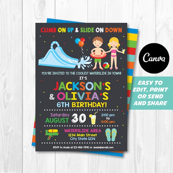 EDITABLE, Water Slide Birthday Invitation, Waterslide Party, Waterslide Invitation, Twins Birthday, Canva template, Instant download