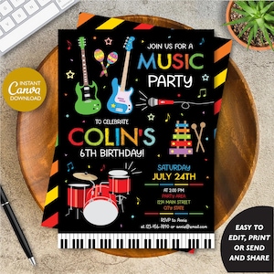 Editable Music Birthday Invitation, Music party Boy, Musical Invitation Boy, Canva template, INSTANT DOWNLOAD