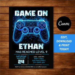 EDITABLE, Video Game Birthday Invitation, Gamer Boy Invitation, Arcade Birthday Party, Blue Neon, Canva template, INSTANT DOWNLOAD