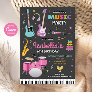 May include: A dark gray music party invitation card featuring a light blue electric guitar, a purple electric guitar, a yellow saxophone, a pink drum set, a xylophone, and maracas. Text includes JOIN US FOR A MUSIC PARTY, Isabella's 6TH BIRTHDAY.