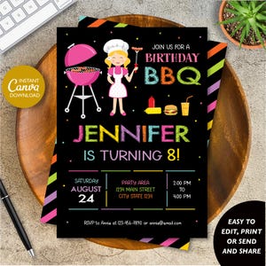 EDITABLE BBQ Birthday Invitation, Barbecue invitation Girl, Girls BBQ Party, Barbecue party, Canva template, Instant Download
