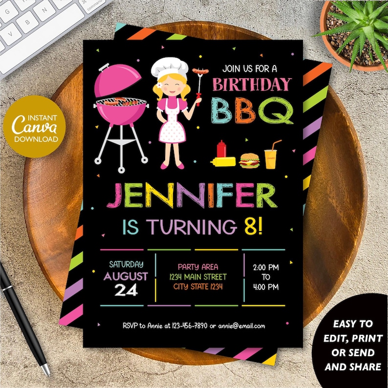 May include: A colorful birthday party invitation with a black background. The invitation features a cartoon girl wearing a chef's hat and apron, standing next to a pink grill. The text "Join us for a Birthday BBQ" is written in colorful letters. The name "Jennifer" is written in rainbow colors and the text "is turning 8!" is written in pink and yellow. The invitation includes details about the party, including the date, time, and location.