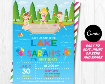 Editable, Lake Birthday Invitation, Lake Party, Girls Birthday, Canva Template, INSTANT DOWNLOAD