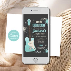 Peut inclure: Un smartphone affichant une invitation d'anniversaire num&eacute;rique avec un graphisme de guitare &eacute;lectrique bleu clair sur fond gris fonc&eacute;. Le texte indique : COME AND ROCK N ROLL with us as we celebrate Jackson's 6TH BIRTHDAY, SATURDAY MARCH 11TH AT 2:00 PM, JACKSON'S HOUSE 1234 MAIN STREET CITY, STATE 1234, RSVP to Annie at 123-456-1810 or annie@email.com.