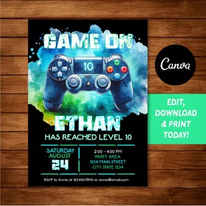 EDITABLE, Video Game Birthday Invitation, Gamer Boy Invitation, Arcade Birthday Party, Canva template, INSTANT DOWNLOAD