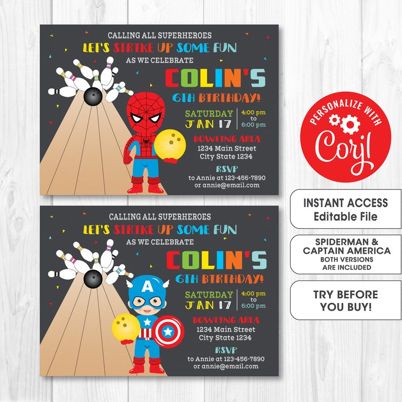 EDITABLE Superhero Bowling Invitation Superhero Bowling party Superhero Birthday Chalkboard Canva template INSTANT DOWNLOAD