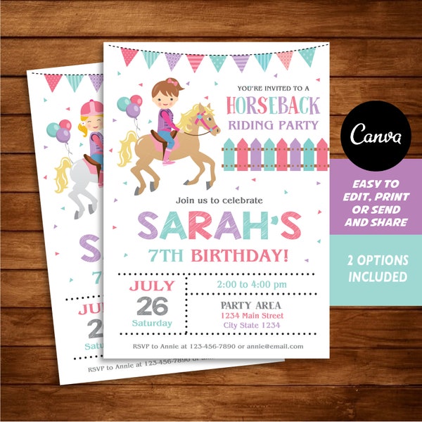 Editable, Horseback Riding Invitation, Horseback party, Horseback Birthday,  Canva Template, INSTANT DOWNLOAD