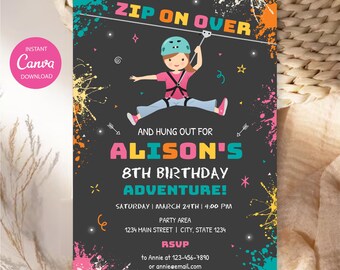 Może przedstawiać: Ciemnoszare zaproszenie urodzinowe z postacią z kreskówki na tyrolce oraz tekstem ZIP ON OVER AND HUNG OUT FOR ALISON'S 8TH BIRTHDAY ADVENTURE, zawierające datę, godzinę, miejsce i szczegóły RSVP z kolorowymi plamami farby.