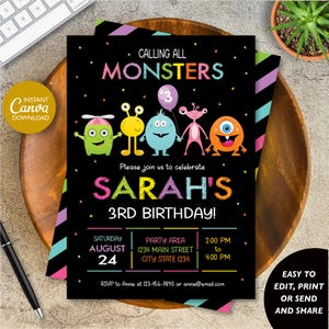Editable Monsters Birthday Invitation Girl, Monsters Birthday, Party, Canva Template, INSTANT DOWNLOAD