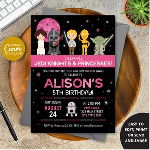 Editable Star Wars Birthday Invitation, Star wars party, Star Wars Invitation Girl, Pink, Canva Template, INSTANT DOWNLOAD