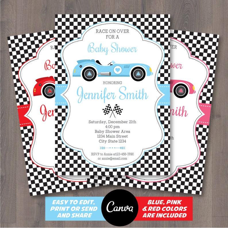 EDITABLE, Race Car Baby Shower invitation, Racing Car Invitation, Canva template, Blue, Pink, Red, INSTANT DOWNLOAD image 1