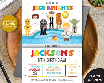 May include: A colorful birthday party invitation featuring Star Wars characters around a pool. The invitation reads "Calling All Jedi Knights" and "Jackson's 5th Birthday!" with event details. Includes a "Canva Download" logo.