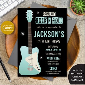 Bearbeitbare Rockstar-Geburtstagseinladung Junge, Gitarre-Geburtstagseinladung, Rock n Roll-Einladung, Fünfziger-Einladung, Canva, INSTANT DOWNLOAD