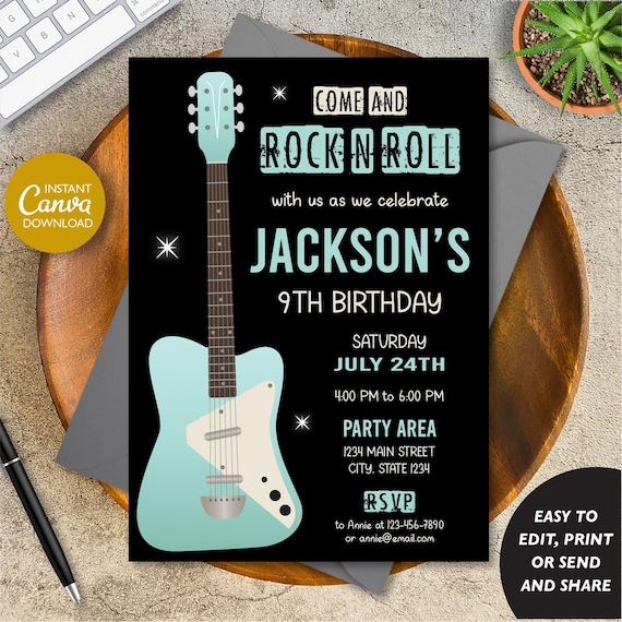 Editable Rock Star Birthday Invitation Boy, Guitar Birthday Invitation, Rock n Roll Invitation, Fifties Invitation, Canva, INSTANT DOWNLOAD