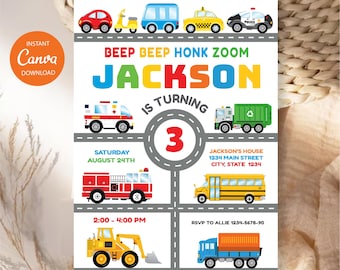 May include: A birthday invitation card featuring colorful illustrations of various vehicles including a red car, yellow taxi, police car, ambulance, fire truck, school bus, and construction equipment. The text reads BEEP BEEP HONK ZOOM JACKSON IS TURNING 3.