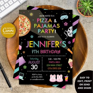 EDITABLE Pizza and Pajamas Birthday Invitation, Sleepover Invitation Girl, Pizza and Pajamas party, Canva template, INSTANT DOWNLOAD
