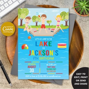 Editable, Lake Birthday Invitation, Lake Party, Lake Invitation Boy, Canva Template, INSTANT DOWNLOAD