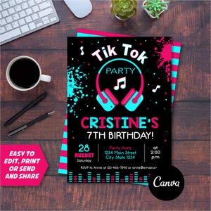 Editable, Tik Tok Birthday Invitation, Tik Tok Party, Musical Birthday Invitation, Canva Template, INSTANT DOWNLOAD
