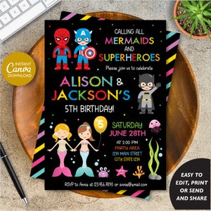 Editable Superheroes and Mermaids Birthday Invitation, Superhero and Mermaid Invitation, Twins Birthday, Canva, INSTANT DOWNLOAD