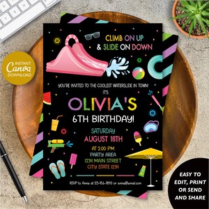 EDITABLE Waterslide Birthday Invitation, Waterpark Invitation Girl, Waterslide Invitation Girl, Canva template, INSTANT DOWNLOAD