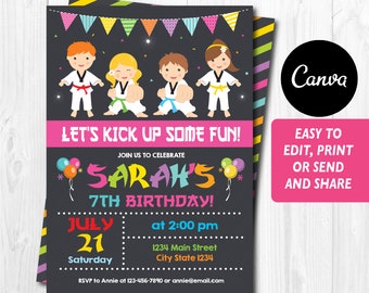 Editable, Taekwondo Birthday Invitation, Taekwondo Party, Karate Birthday, Canva template, Girls Birthday, Digital Printable