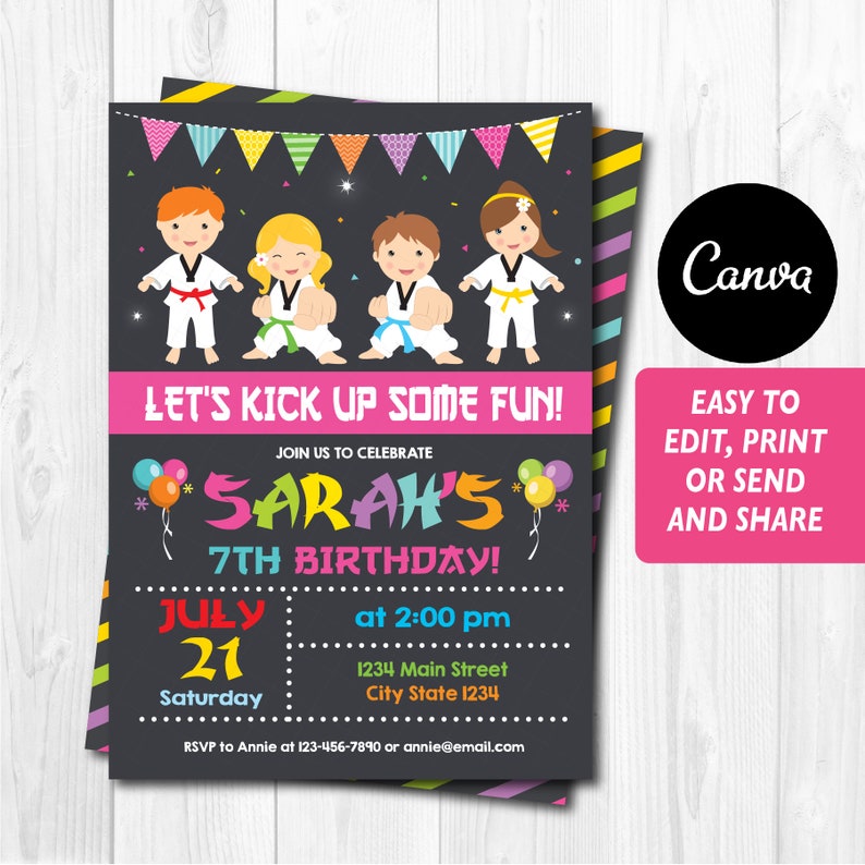 Editable, Taekwondo Birthday Invitation, Taekwondo Party, Karate Birthday, Canva template, Girls Birthday, Digital Printable image 1