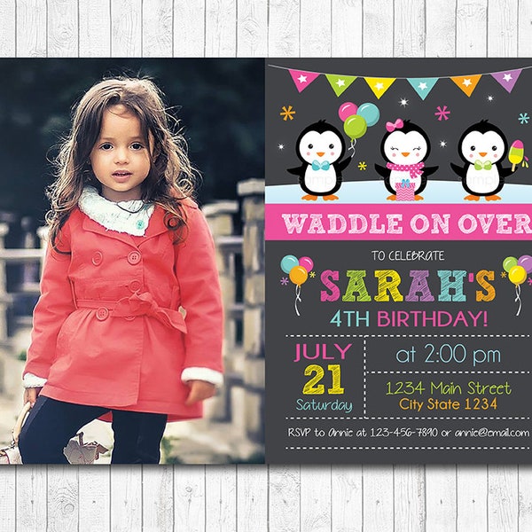 Penguins Birthday Invitation, Invitation photo personnalisée, Invitation imprimable numérique