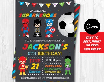 Modifiable, Invitation d’anniversaire de football de super-héros, Anniversaire des Avengers, Invitation de football, Fête de football, Canva, TÉLÉCHARGEMENT INSTANTANÉ