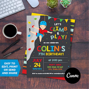 Invitación de cumpleaños editable para escaladores de roca, fiesta de escaladores de roca, plantilla de Canva, cumpleaños de niños, descarga instantánea