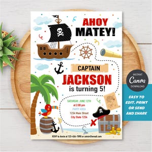 Invitación de cumpleaños pirata editable, fiesta pirata, cumpleaños pirata, plantilla de Canva, descarga instantánea