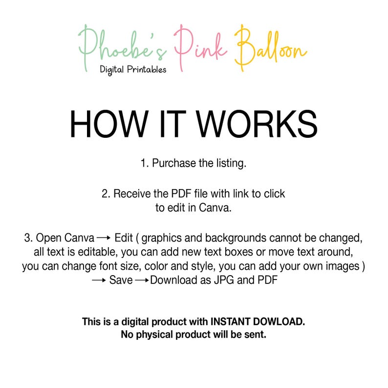 May include: A white background with text detailing the process of using a digital product. It explains purchasing, editing in Canva, and downloading as JPG or PDF. The product is a digital download, no physical item is sent.