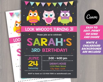 Editable, Owls Birthday Invitation, Owls party, Corjl Owl, Owl Invitation, Canva template, Chalkboard, INSTANT DOWNLOAD