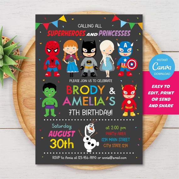 Editable Superhero and Frozen Invitation, Superheroes Birthday, Frozen Birthday Invitation, Twins birthday, INSTANT DOWNLOAD