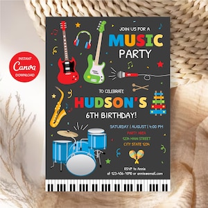May include: A dark gray music party invitation for Hudson's 6th birthday featuring colorful illustrations of a red electric guitar, green bass guitar, blue drum set, yellow saxophone, xylophone, and maracas with piano keys along the bottom edge.