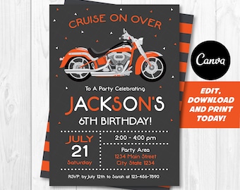 Editable, Motorcycle Birthday Invitation, Kids Motorcycle Party, Canva template, instant download, Digital Printable Invitation