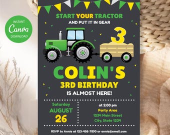 Editable Tractor Birthday Invitation, Tractor Party, Farmer Invitation, Green Yellow Tractor Invitation, Canva Template, INSTANT DOWNLOAD