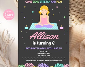 May include: A dark gray birthday invitation card featuring a cartoon character in a yoga pose on a blue mat. Text reads: COME BEND STRETCH AND PLAY, Allison is turning 6!, SATURDAY | MARCH 24TH | 4:00 PM, PARTY AREA, 1234 MAIN STREET, CITY, STATE 1234.