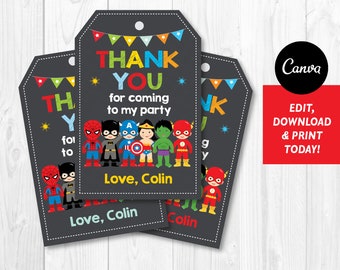 Editable, Superheroes Favor Tags, Superhero Birthday, Superheroes party,  Canva template, INSTANT DOWNLOAD