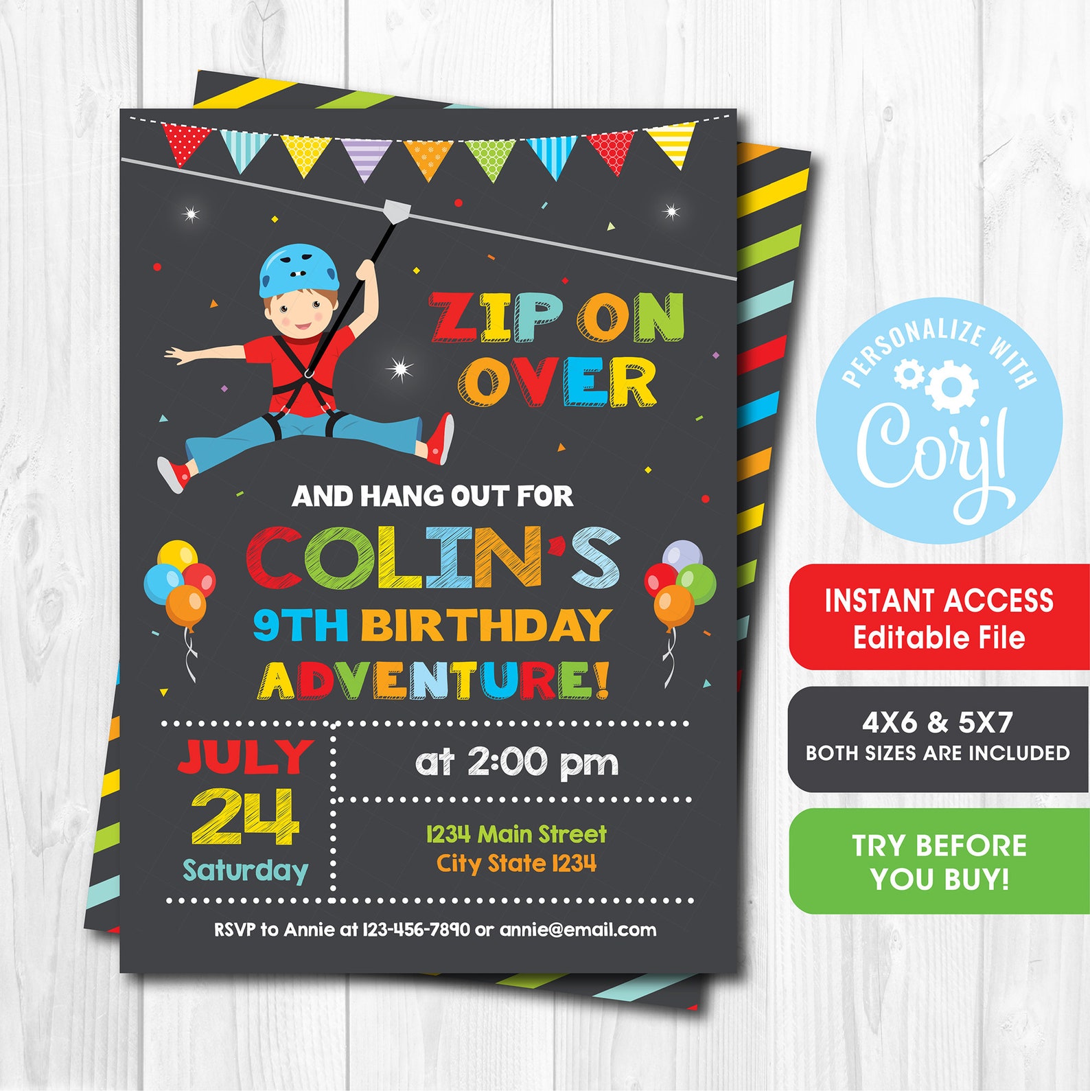 Editable Zipline Birthday Invitation Outdoor Adventure Etsy Canada