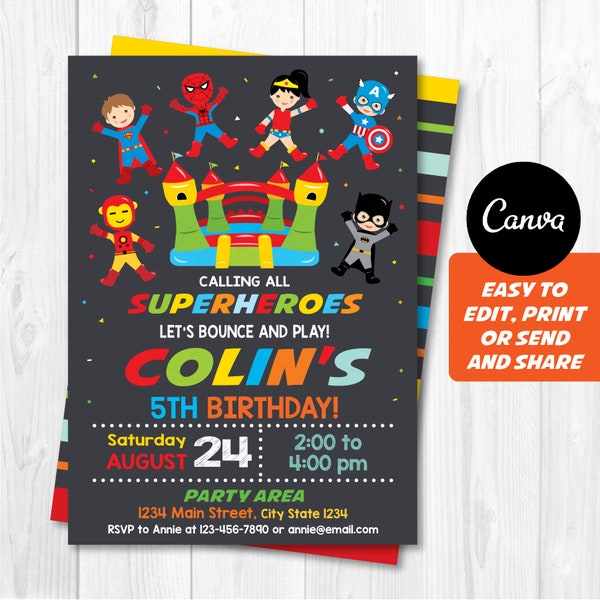 Editable, Superhero Bounce House Birthday Invitation, Superheroes Bounce House party, Canva template, Chalkboard, INSTANT DOWNLOAD
