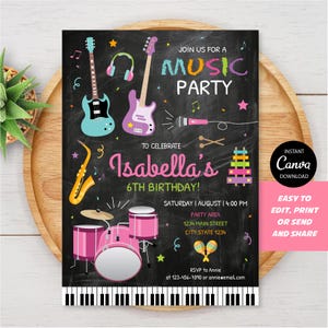 May include: A music-themed birthday party invitation with a chalkboard design. The invitation features illustrations of musical instruments, including guitars, a saxophone, and drums. Text reads "Join us for a Music Party" and "Isabella's 6th Birthday!"