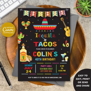 Editable Tacos and Tequila Birthday Invitation, Tacos Birthday Invitation, Fiesta Invitation, Canva Template, INSTANT DOWNLOAD