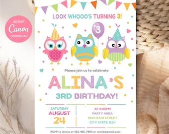 May include: A birthday invitation card featuring three colorful owls, party hats, and a purple balloon with the number 3. The text reads LOOK WHOOO'S TURNING 3! ALINA'S 3RD BIRTHDAY! with event details including date, time, location, and RSVP information.