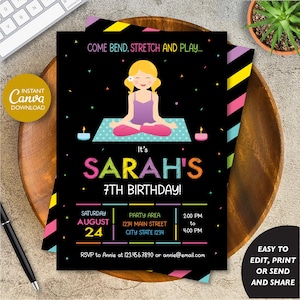 Editable Yoga Birthday Invitation Girl, Yoga Party, Yoga Invitation Girl, Canva Template, INSTANT DOWNLOAD