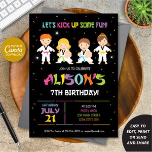 Invito di compleanno modificabile per ragazza a tema Taekwondo, festa di Taekwondo, invito di compleanno per ragazza a tema Karate, modello Canva, DOWNLOAD IMMEDIATO