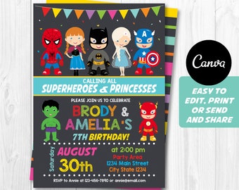 Editable, Superheroes and Frozen Invitation, Superheroes Birthday, Frozen birthday, Twins birthday, Superheroes Party, INSTANT DOWNLOAD