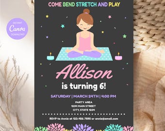 May include: A dark gray birthday invitation card featuring a cartoon character in a yoga pose on a blue mat. Text reads: COME BEND STRETCH AND PLAY, Allison is turning 6!, SATURDAY | MARCH 24TH | 4:00 PM, PARTY AREA, 1234 MAIN STREET, CITY, STATE 1234, RSVP to Annie at 123-456-7890 or annie@email.com.